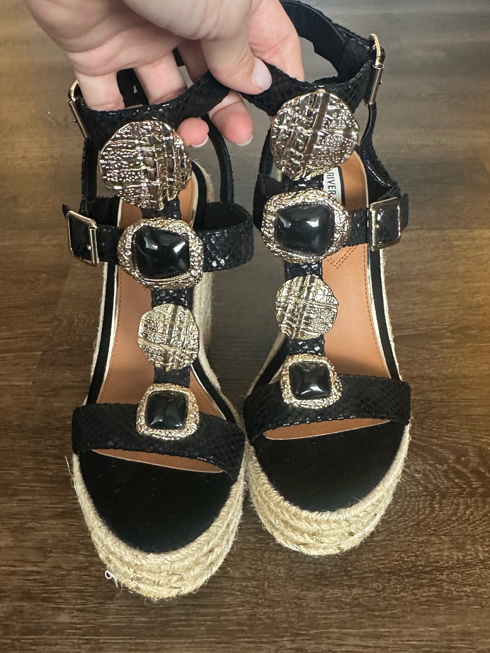 NWOT River Island Black Embellished Espadrille Wedge Sandals